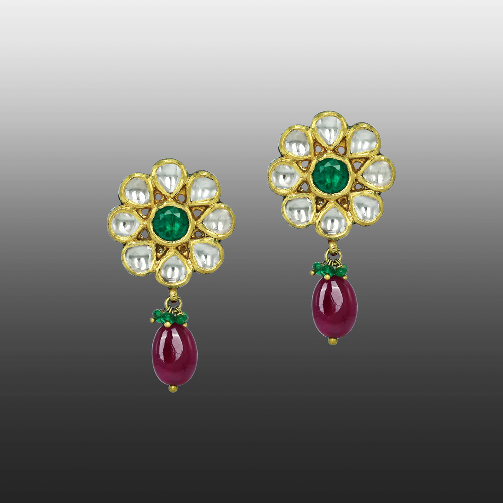 Round Polki Earrings with Emerald Center and Ruby Drops